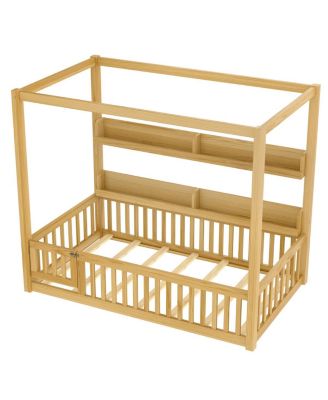Twin Size Solid Wood Montessori Floor Bed Frame with Guardrails & Shelves