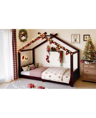 Twin House Floor Bed with Slats, Solid Wood House Bed Frame for Kids