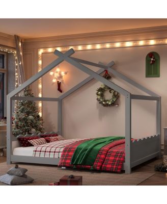 Queen House Floor Bed with Slats, Solid Wood Frame for Kids