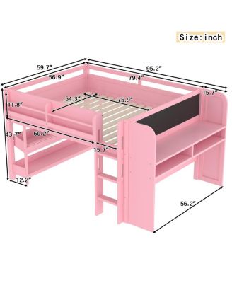 Full Loft Bed with Multi-storage, Solid Wood Low Loft Bed with Desk