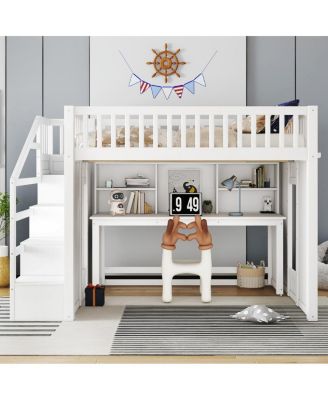 Full Size Loft Bed with Desk and Storage Stairs