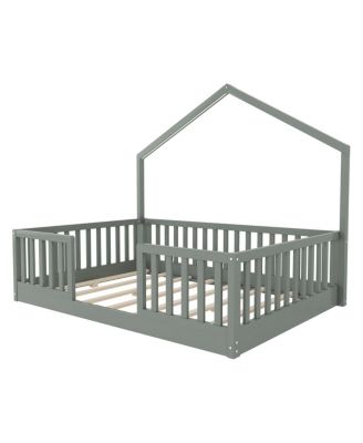 Full Floor Bed with High Rails, Montessori Bed with Light for Kids