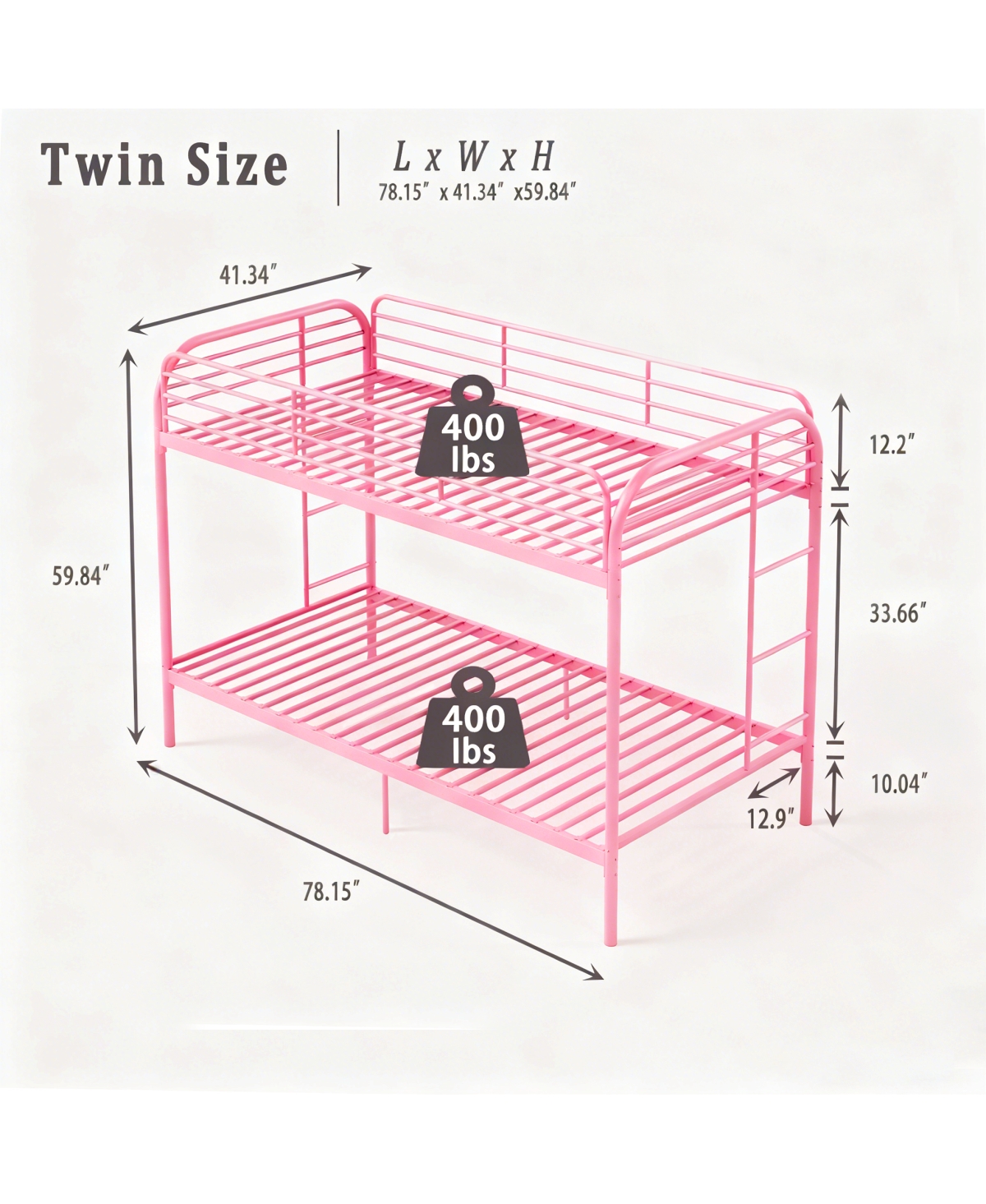 Streamdale Furniture Metal Twin Over Twin Bunk Bed with Safety Rails
