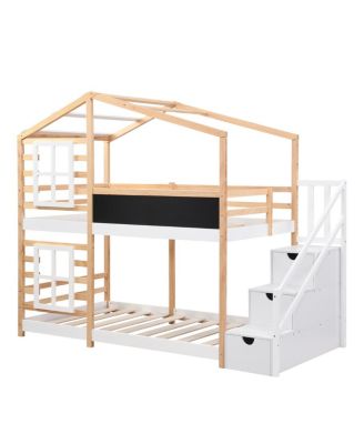 Twin over Twin Bunk Bed House Bed with Storage Ladder Platform Bed