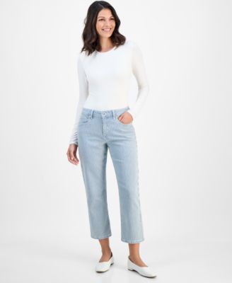 Women's Striped Mid Rise Curvy Capri Jeans