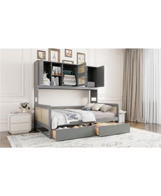  Full Size Wooden Daybed With 2 Drawers, and All-in-One Cabinet and Shelf, Gray