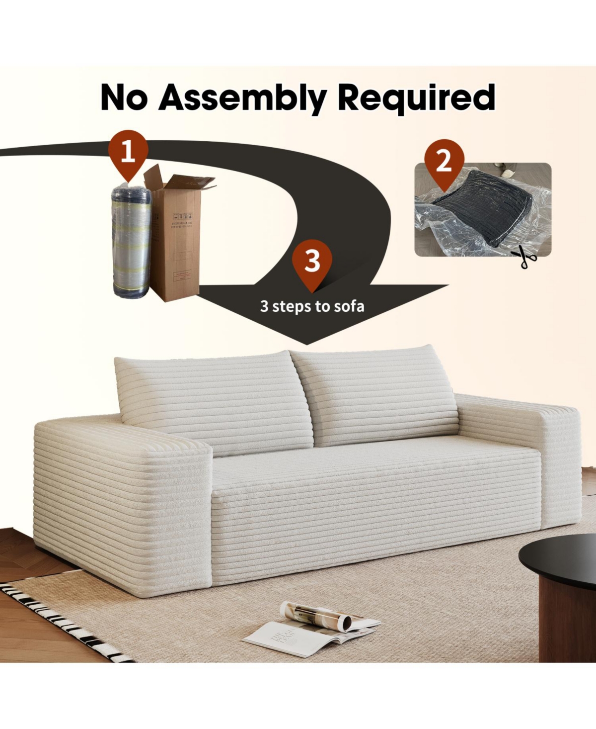 Streamdale Furniture 63" Corduroy Deep Seat Sofa - White