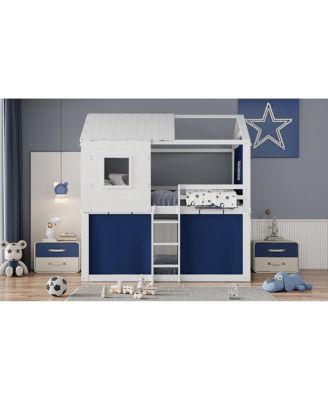 Full Size Bunk Wood House Bed with Tent