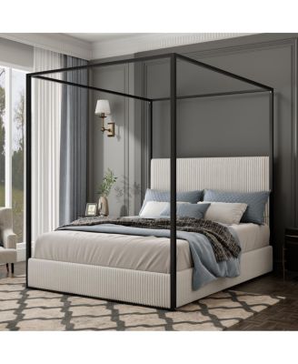  Modern Luxury Metal Canopy Bed with Corduroy Headboard, King, White