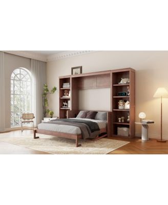 Full Size Murphy Bed with Desk and Bookshelf, Dark Brown