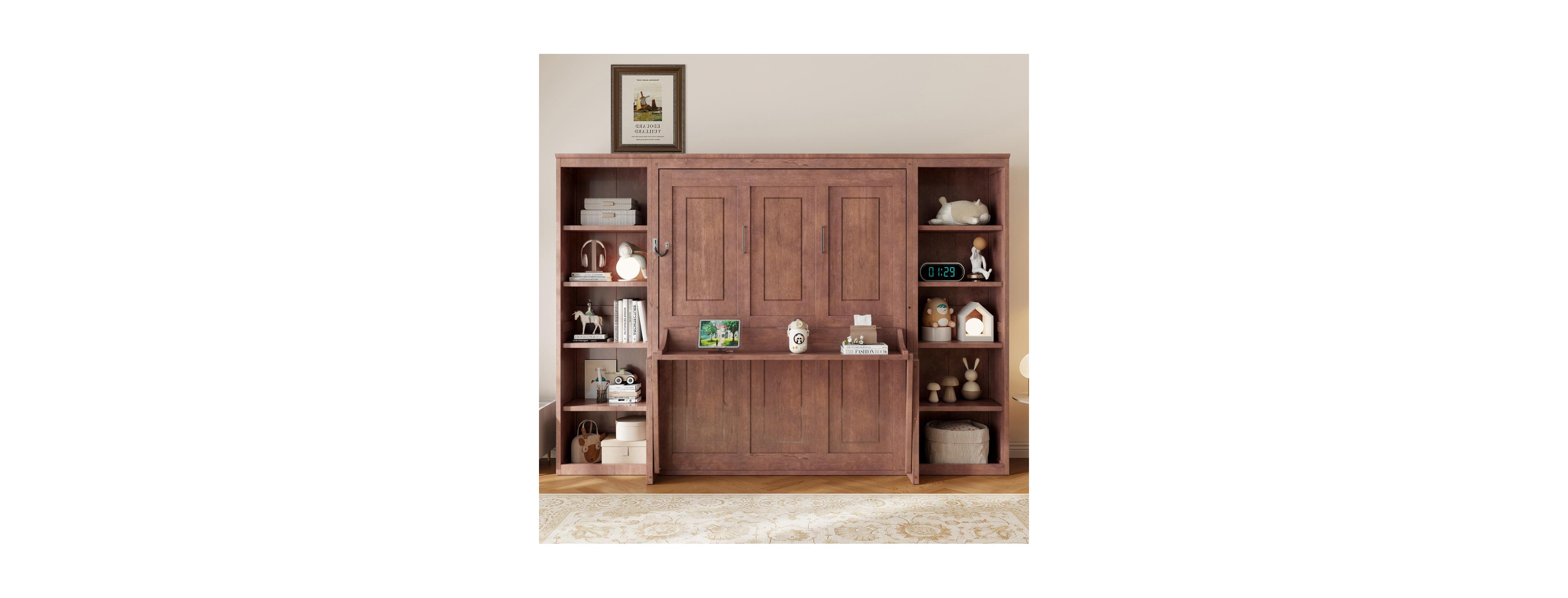 Streamdale Full Size Murphy Bed with Desk and Bookshelf, Dark Brown