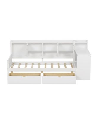  Wooden L-Shape Daybed with 7 Cabinets, 2 Drawers, Desk & Bookshelf, White