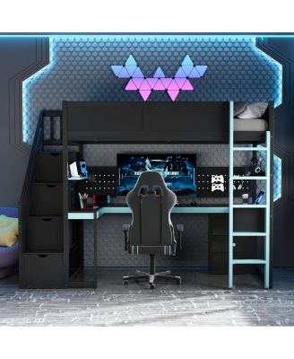 Twin Gaming Loft Bed with Storage Stairs, Desk, Shelves & Pegboard