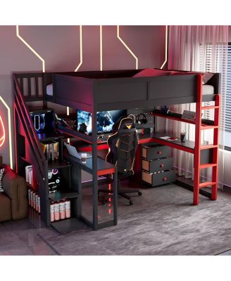 Full Size Wooden Gaming Loft Bed with Storage Stairs, Desk, Shelves & Pegboard