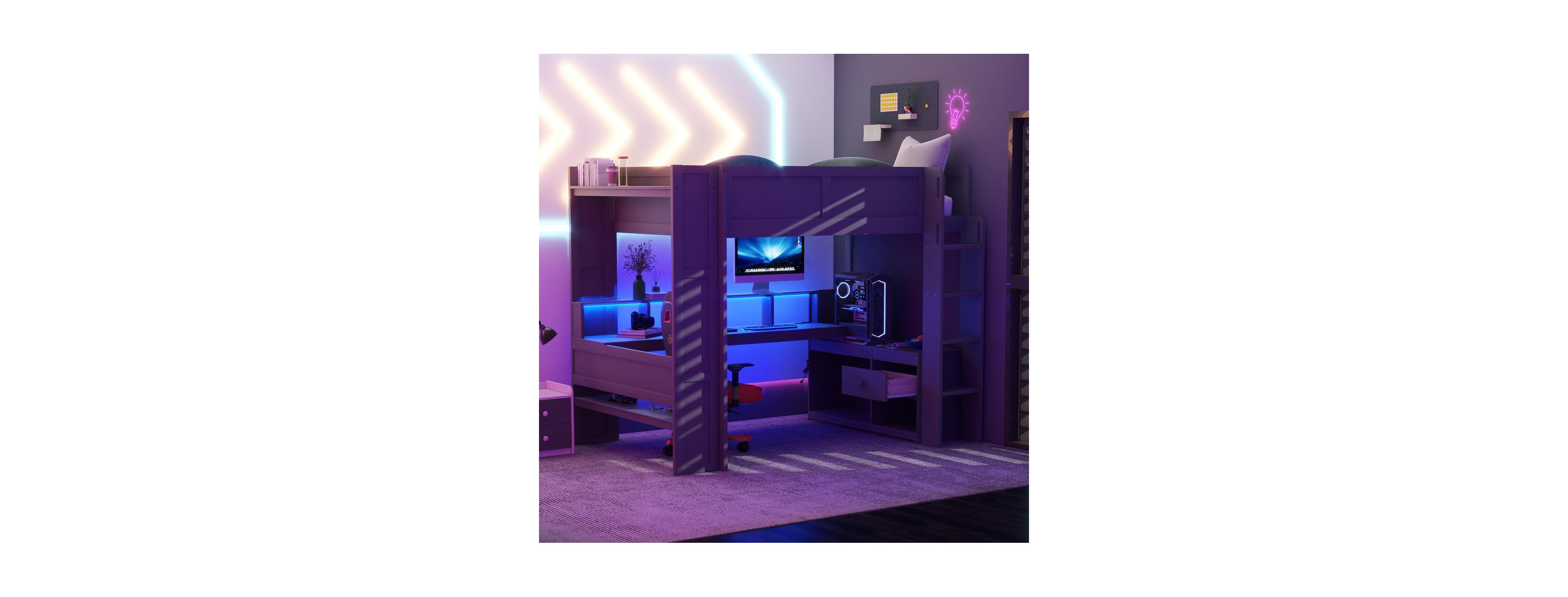 Streamdale Furniture Wood Gaming Loft Bed with Desk, Storage, Led & Charging Station