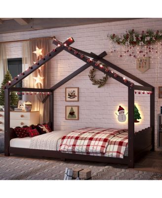  Full House Floor Bed with Support Slats, Solid Wood House Bed Frame for Kids, Espresso