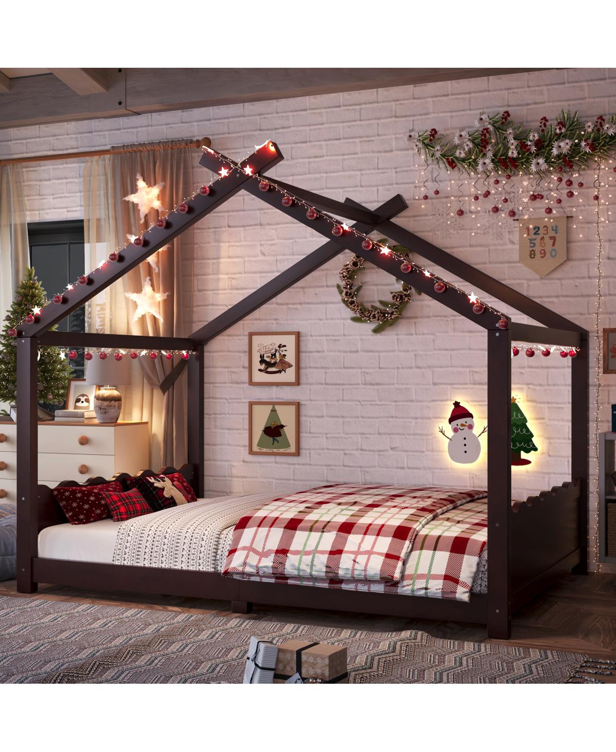 Streamdale Furniture Full House Floor Bed with Support Slats, Solid Wood House Bed Frame for Kids, Espresso
