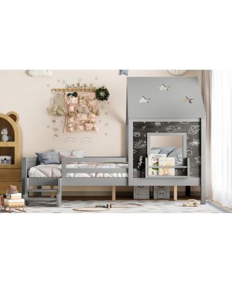 Full House Beds with Low-Profile Stairs, Window, Bookcase, Blackboard, Star Roof, Gray