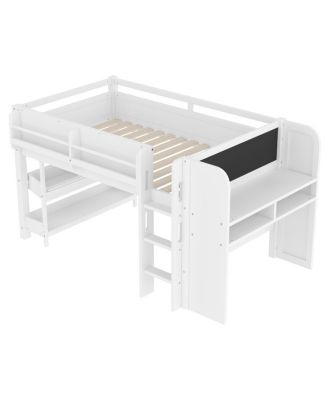 Twin Loft Bed with Storage, Desk & Blackboard, White