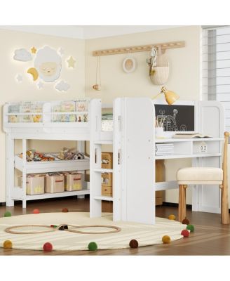 Twin Loft Bed with Storage, Desk & Blackboard, White