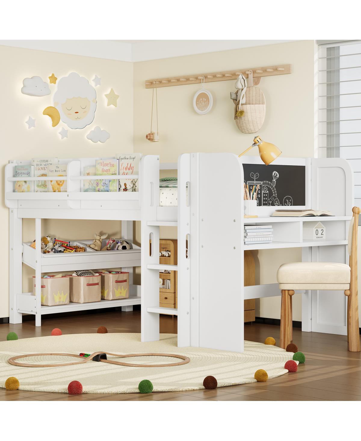 Streamdale Furniture Twin Loft Bed with Storage, Desk & Blackboard, White