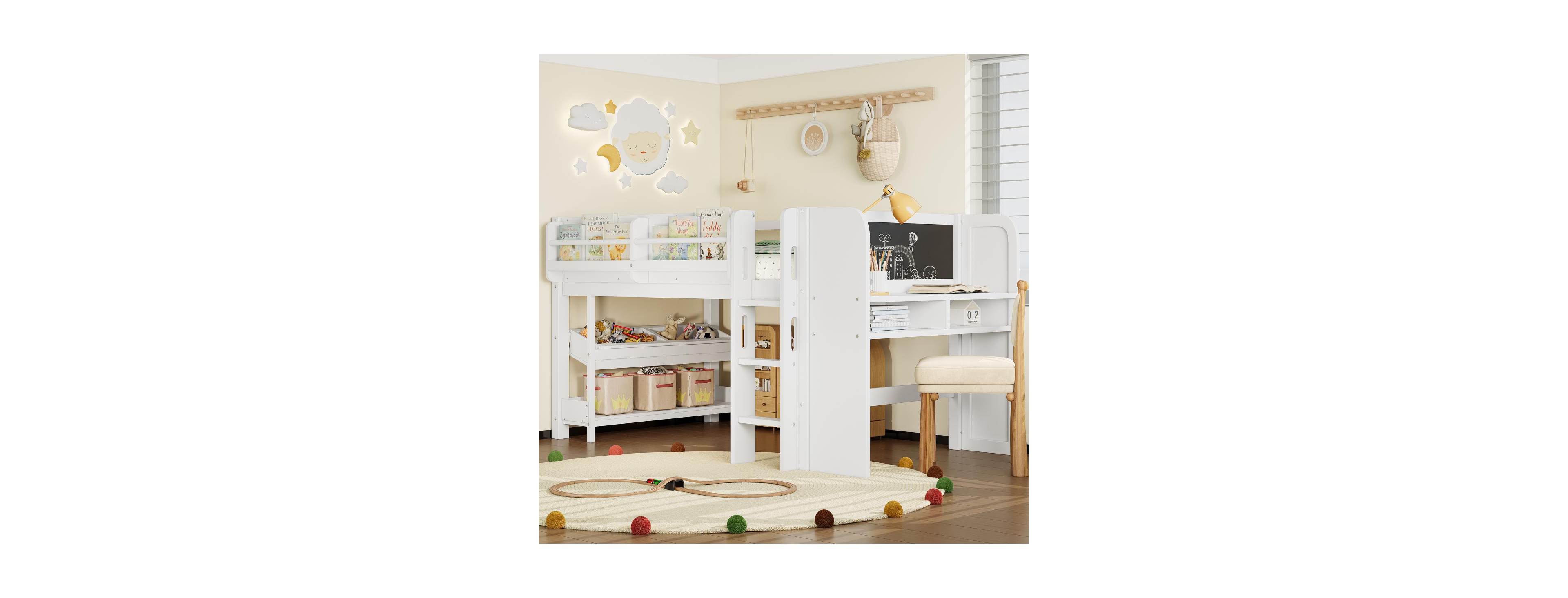 Streamdale Furniture Twin Loft Bed with Storage, Desk & Blackboard, White