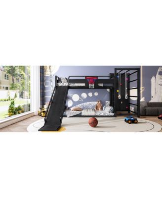 metal loft bed with basketball hoop, rings, climbing wall, slide, bookshelves