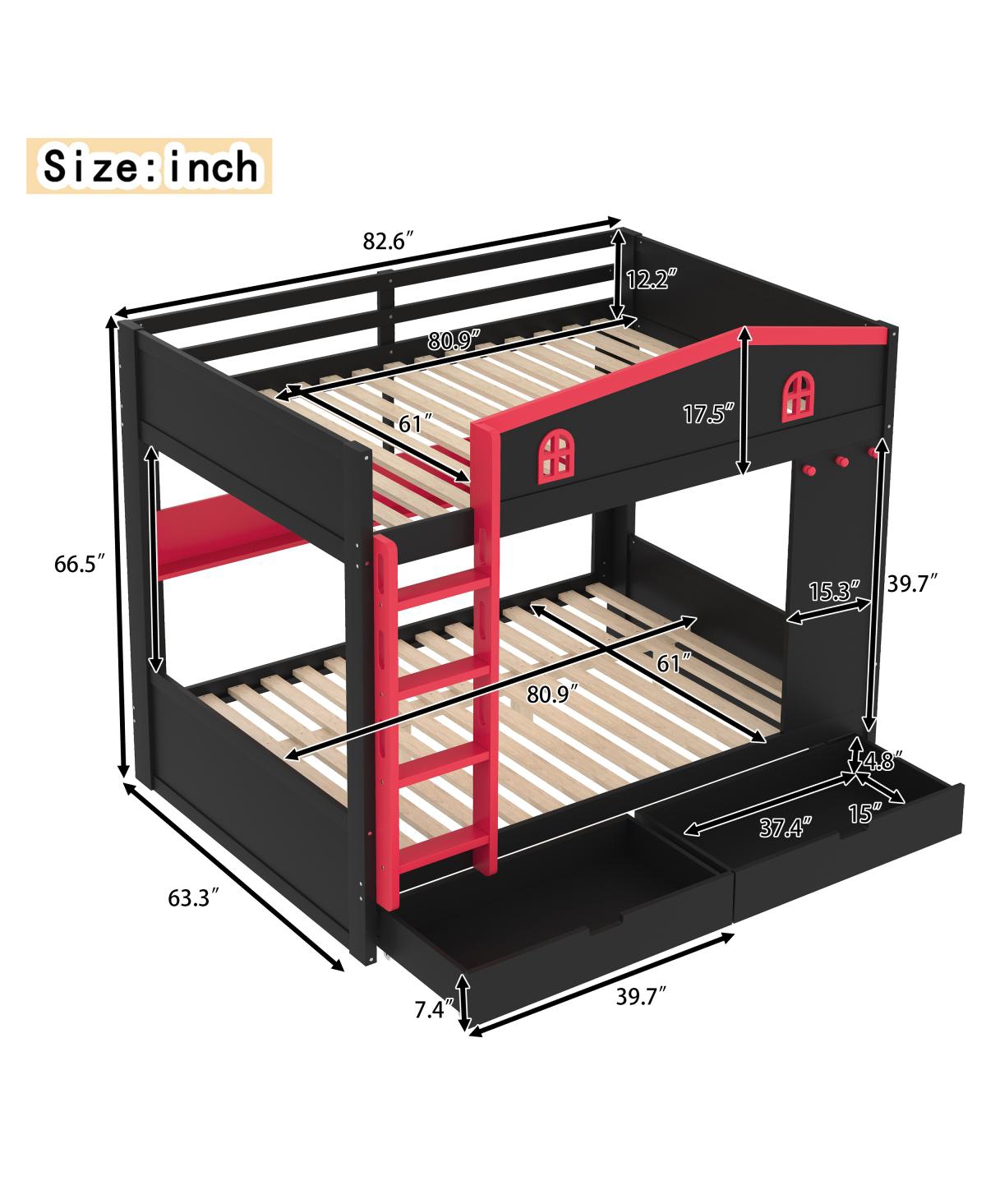 Streamdale Furniture Queen Bunk Bed with Storage, Solid Wood