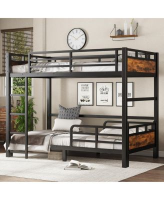 Twin XL over Twin XL Metal Bunk Bed/Loft Bed with Fence, Vintage Wood-Colored