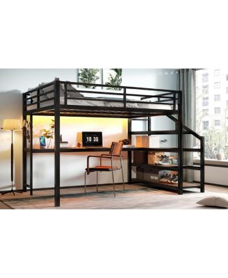 Streamdale Queen Loft Bed with Desk and Storage Stairs, Metal Loft Bed with LED Lights & USB Ports, Black
