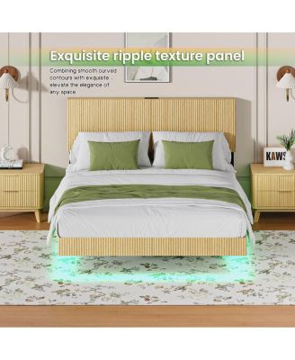 Oak Queen Floating Bed with Charging Station & LED Lights