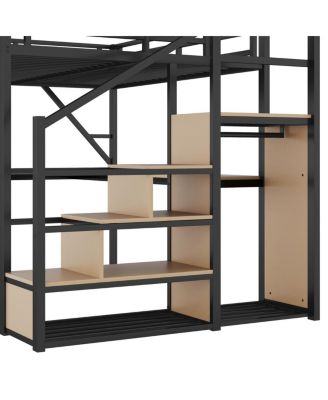 Streamdale Queen Loft Bed with Desk, Stairs, Charging Station & Light, Black