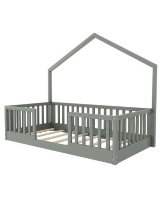  Twin Floor Bed with High Rails, Montessori Wooden Bed with Light, Gray