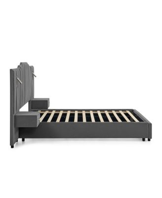 Velvet Upholstered Bed Frame with Vertical Stripes