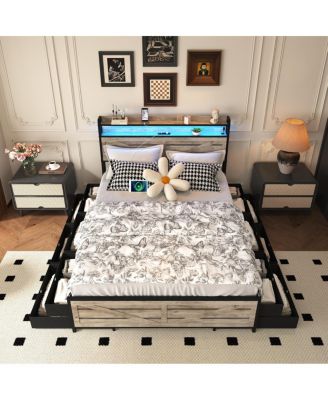 Queen-size bed frame with storage headboard, 12 drawers, LED lights