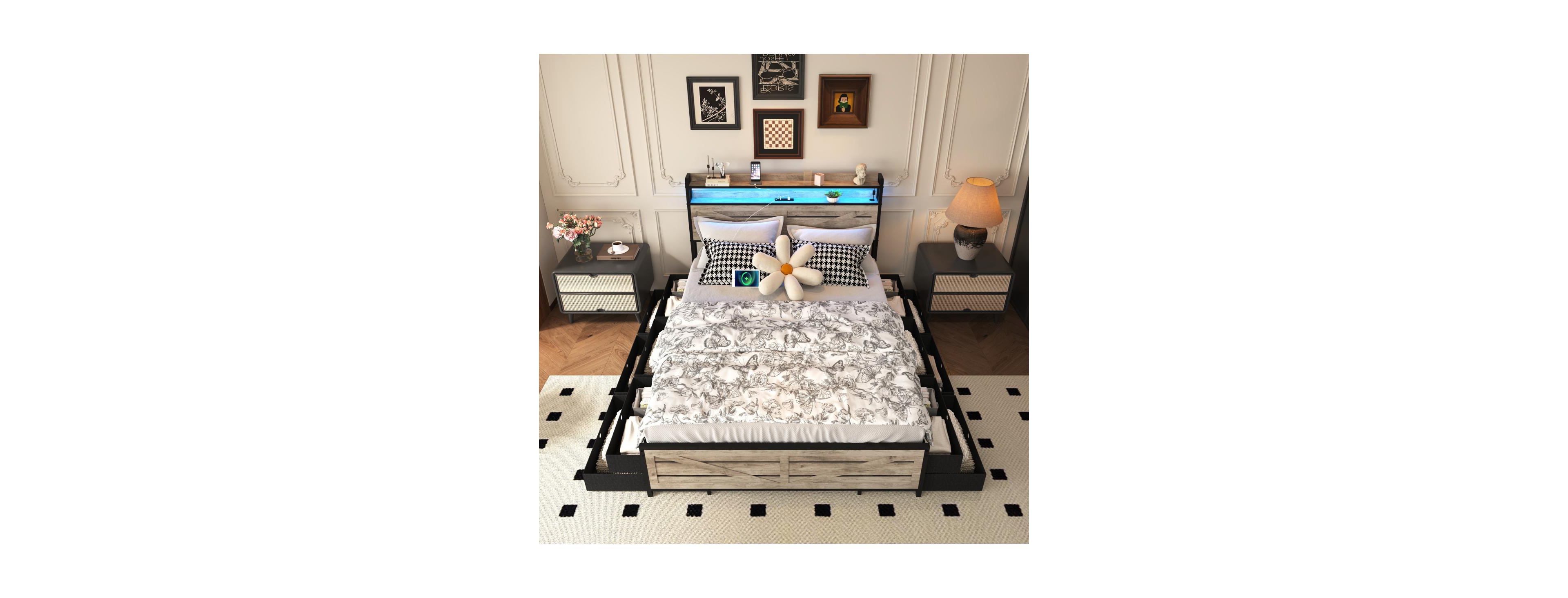 Streamdale Queen-size bed frame with storage headboard, 12 drawers, Led lights