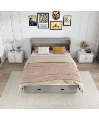 57" Murphy Bed with Storage, Charging Cabinet, Foldable Panels, Swivel Wheels, Gray