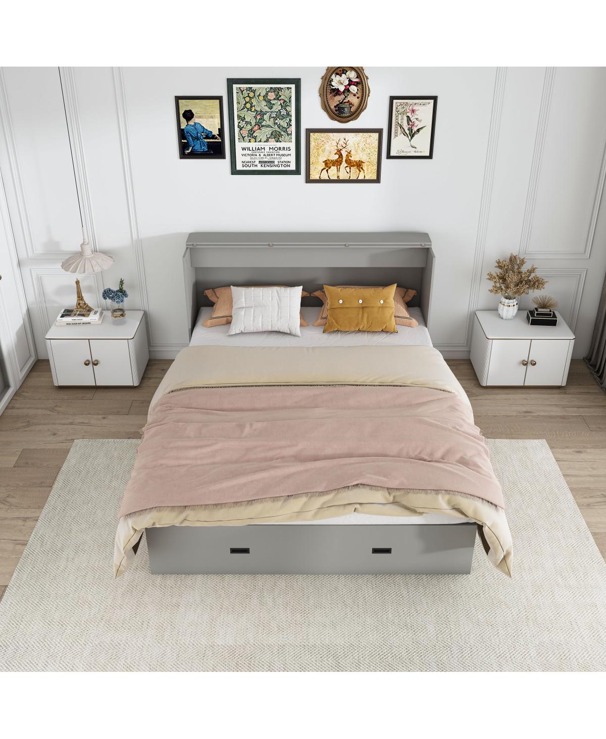 Streamdale Furniture 57" Murphy Bed with Storage, Charging Cabinet, Foldable Panels, Swivel Wheels, Gray