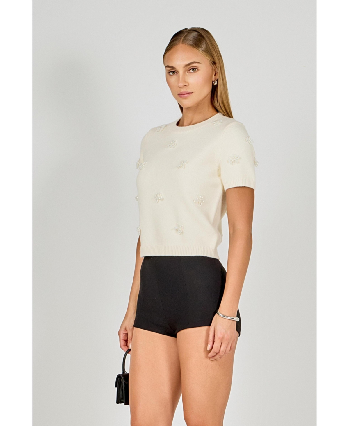 endless rose Women's Pearl Trim Short Sleeve Sweater