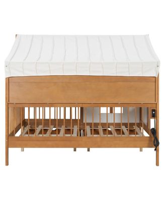 Streamdale Full Size House Bed with 2 Large Drawers, Side Bookshelf with LED Strip, Walnut