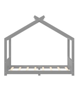 Twin House Floor Bed with Slats, Solid Wood House Bed Frame for Kids, Gray