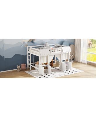  Full Loft Bed with Bookshelf, Curtain, Storage Shelf, Playful Design, White