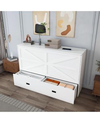 Murphy Bed with Storage, Charging Cabinet, Foldable Panels, Swivel Wheels