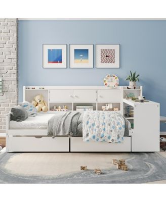 Full Size Daybed with Storage, Wooden L-Shape Bed Frame w/ Desk & Bookshelf