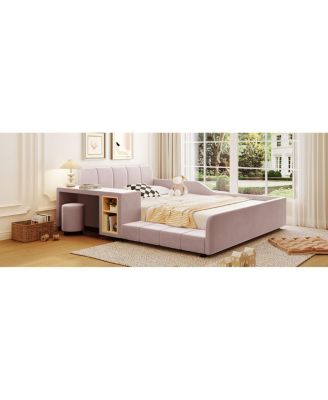 Upholstered Grounded Bed with Bedside Desk & Stool