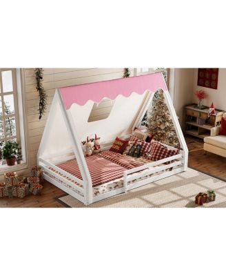 Full Size House Floor Bed with Tent and Light, Solid Wood Teepee Design