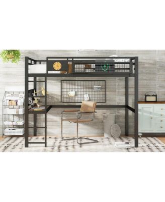 Queen Size Loft Bed Frame with Desk and Storage