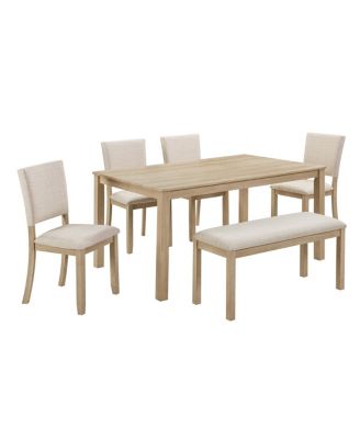 6 Piece Dining Table Set with Bench, Wooden Kitchen Table & 4 Upholstered Chairs