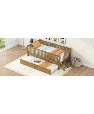 Wood Twin Size Platform Bed with Guardrail and Trundle