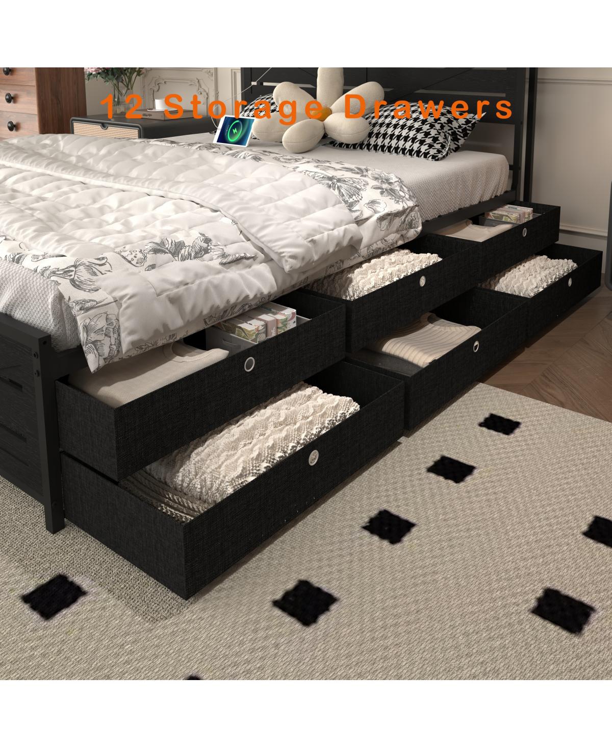 Streamdale Furniture Full-size bed frame with storage headboard, 12 drawers, Led lights